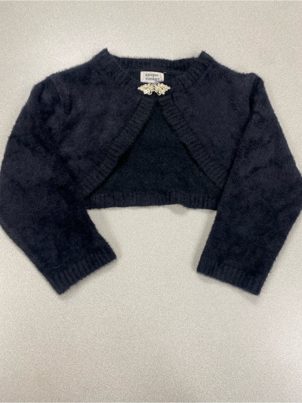 Unique Vintage Black Fuzzy Cropped Bolero with Rhinestone Clasp